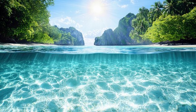An over-under view of a pristine tropical coastline. Above the water, lush green trees and rocky cliffs meet a bright blue sky with a shining sun. Below the sur