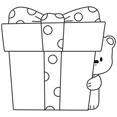 White Bear Hugging A Green Gift Box - Outline