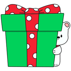 White Bear Hugging A Green Gift Box - Line Color