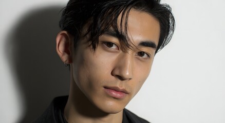 Close up portrait of handsome young asian man with serious
