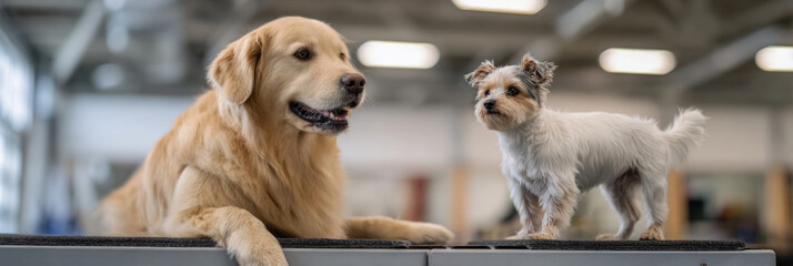 A golden retriever stands confidently on a balance platform while a small terrier watches closely in a cheerful dog fitness studio. This scene promotes health and exercise, banner