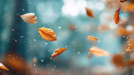 Autumn leaves falling in a blurred forest background with a soft dreamy aesthetic look