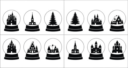 Set of Black Snow Globe Silhouettes, Featuring Different Winter Scenes Like Castles, Churches, Houses, and Pine Trees, Ideal for Holiday Decoration, Christmas, and Fantasy Design Graphics.