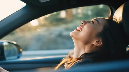 A woman sits comfortably in a car, her hair gently illuminated by the bright sunlight pouring through the window. She enjoys a serene moment of relaxation and reflection while driv - Powered by Adobe