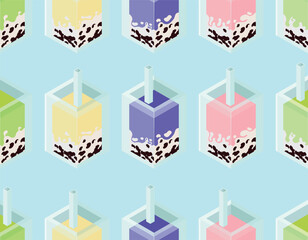 A charming seamless vector pattern featuring isometric bubble tea glasses rendered in a delicate palette of soft pastel shades. This pattern perfect for cafe branding, packaging design