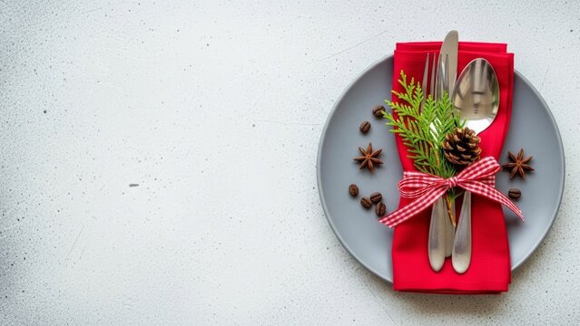 Festive Holiday Table Setting with Red Napkin and Evergreen