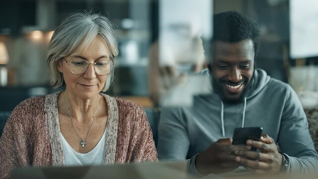 A woman with light hair is seated at a table, fidgeting with her hand as she deeply contemplates. Nearby, a man in a gray hoodie focuses intently on his smartphone screen.