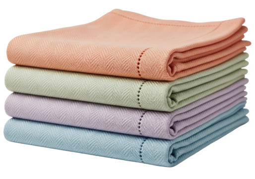 Isolated pastel napkins stacked neatly in a pile soft linen cloth fabric texture household