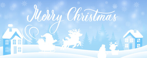 Merry Christmas scene with snowy village. Santa sleigh, snowman, and festive silhouettes in winter landscape