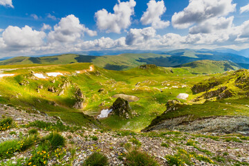 View from the Urdele Pass of the glacial lakes and the Parang Mountains. Southern Carpathians, Transalpina, Romania