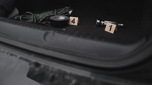 4k Crime Shot of Tools and Weapons in the Car Boot
