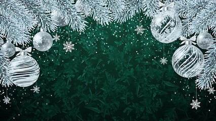Frozen winter backdrop with ornaments and fir branches