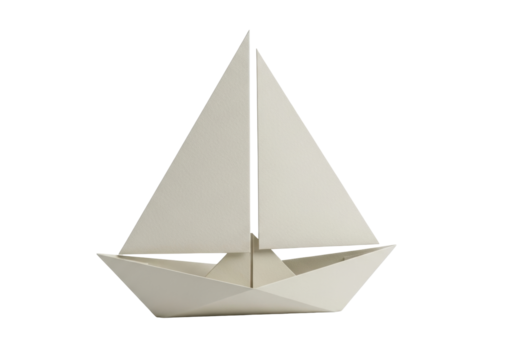Isolated paper boat origami art sailing, papercraft ship model with folded details and sails