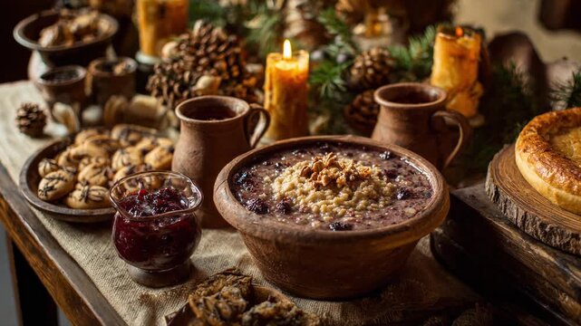 Warm rustic feast with glowing candles and assorted bread on a cozy table setting
