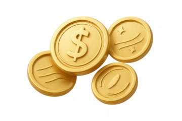 Group of stylized golden coins, one with a prominent dollar sign, symbolizing money, savings, success, and prosperity
