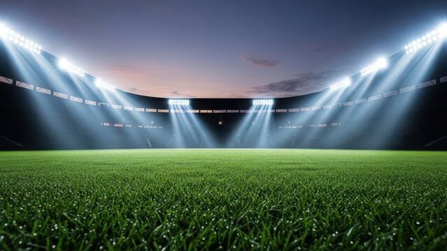 Empty football stadium with bright floodlights illuminating the green grass field at dusk