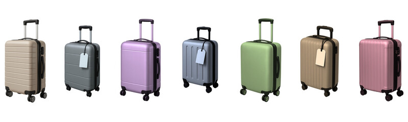 Color carry on suitcase lineup; suitcase models with spinner wheels and pull handles, suitcase tags visible for quick ID, hard shell finishes in mixed tones for shop listing, travel gear vibe