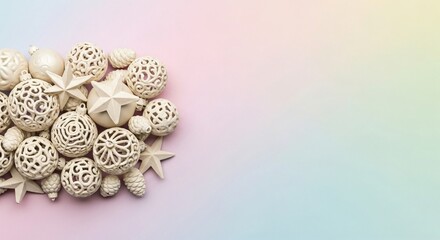 Neutral Carved Holiday Ornaments on Soft Pastel Gradient Background