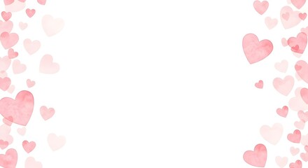 Soft pink watercolor hearts border on white background for romantic celebrations and valentines day