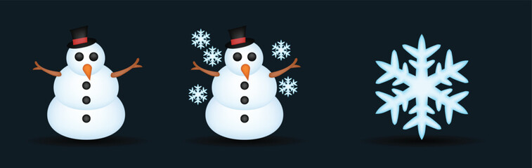 Snowman and snowflake illustration set. Winter holiday cartoon illustrations