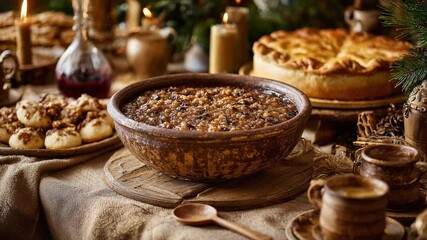 Festive table with rustic pie and candlelit ambiance in cozy holiday setting
- Powered by Adobe
