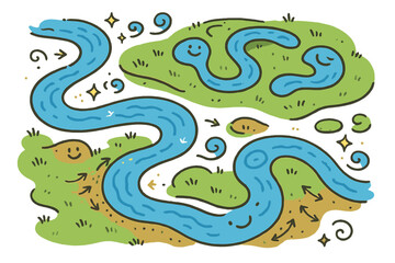 Obraz premium Cheerful River Dynamics. Magical doodle floodplain dynamics with cheerful rivers, cartoon oxbow lakes forming, smiling banks, and