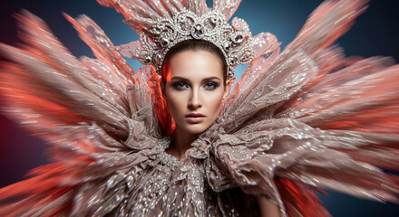 A striking portrait of a woman in a large, jeweled crown and an ornate, winged costume, with a motion blur effect in the wings and a dramatic blue and red background