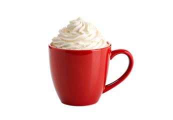 Red mug with whipped cream topping, isolated on a transparent background
