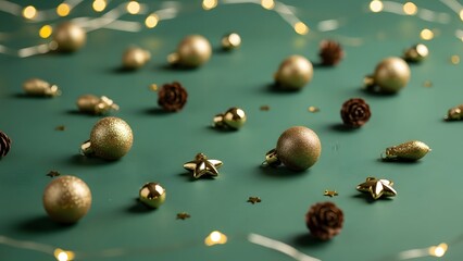 Gold Christmas Ornaments and Pinecones on a Green Background