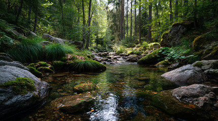 A scenic view of a small stream flowing through a lush green forest with mossy rocks