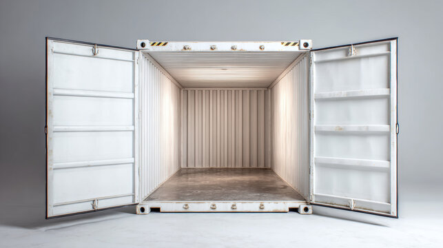 Empty white shipping container with open doors, ready for transport or storage. the interior of an empty cargo container, perfect for concepts of logistics and shipping.