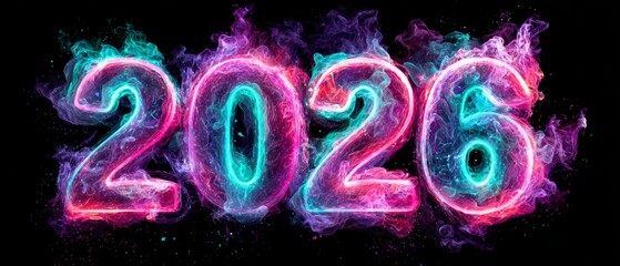 Colorful glowing 2026 text with vibrant neon energy effect