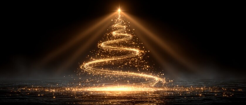Glowing spiral Christmas tree made of golden light