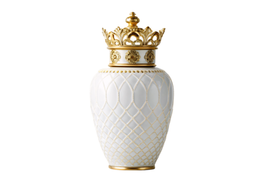 White decorative vase with gold lattice pattern, isolated on a transparent background