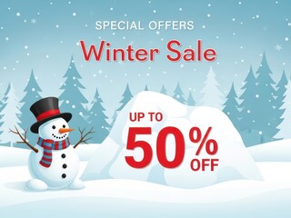 Winter sale special offer with happy snowman and 50% discount