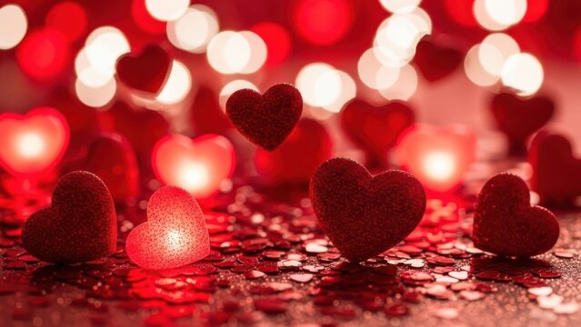 Sparkling red hearts and glowing lights create a romantic and festive atmosphere for love