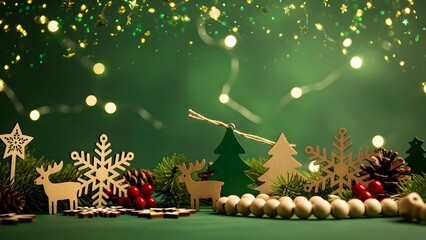 A Wooden Winter Wonderland Scene with Green Bokeh Lights