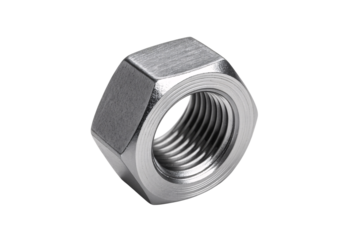Metal hexagonal nut with internal threads, isolated on a transparent background