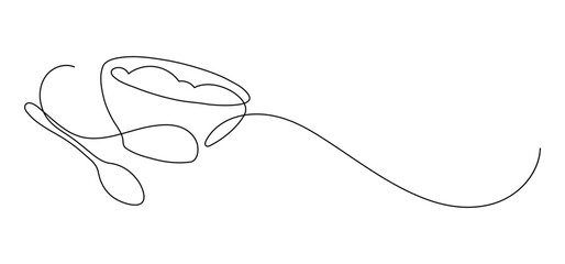 Bowl of rice, oatmeal porridge, cereal with spoon. Continuous line drawing.