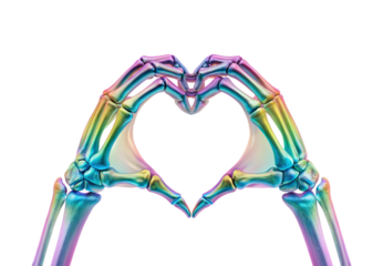Metallic rainbow skeleton hands forming heart shape, isolated on a transparent background