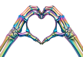 Iridescent rainbow skeleton hands making heart gesture, isolated on a transparent background