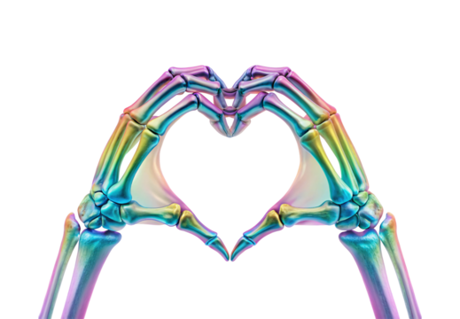 Metallic rainbow skeleton hands forming heart shape, isolated on a transparent background