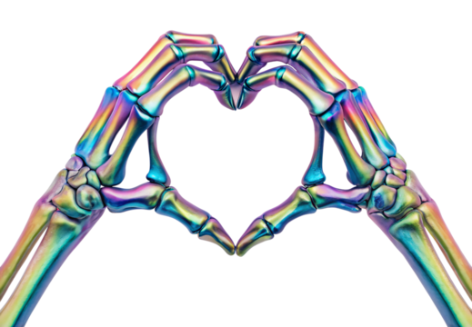 Iridescent rainbow skeleton hands making heart gesture, isolated on a transparent background - Powered by Adobe