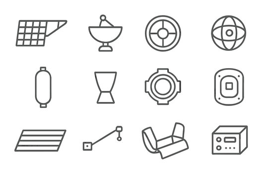 Spacecraft Parts Icons. Line style icons of spacecraft parts: solar array, antenna, reaction wheel, gyroscope; propellant tank,