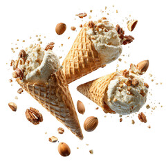 Three ice cream cones isolated on transparent background