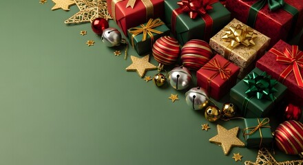 Festive assortment of Christmas gifts and ornaments scattered across a deep green surface, perfect for holiday celebrations and winter decor