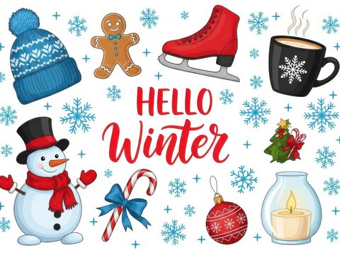 Cozy winter collection: hat, snowman, ice skate, candle, and mug.