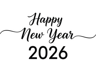 Happy New Year 2026 text with elegant script and numbers on white background Keywords: new year, happy new year, 2026, celebration, holiday, greeting, text, Christmas