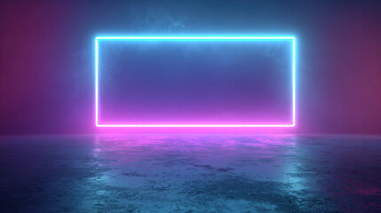 Abstract neon rectangle frame with vibrant colors and reflective surface. futuristic design features a glowing rectangular frame with a colorful, reflective floor, creating a modern aesthetic.