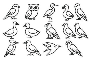 Fototapeta premium Line Style Avian Icons. Line style icons of avian species: sparrow, owl, heron, hawk; goose, duck, eagle, pigeon; woodpecker, crow